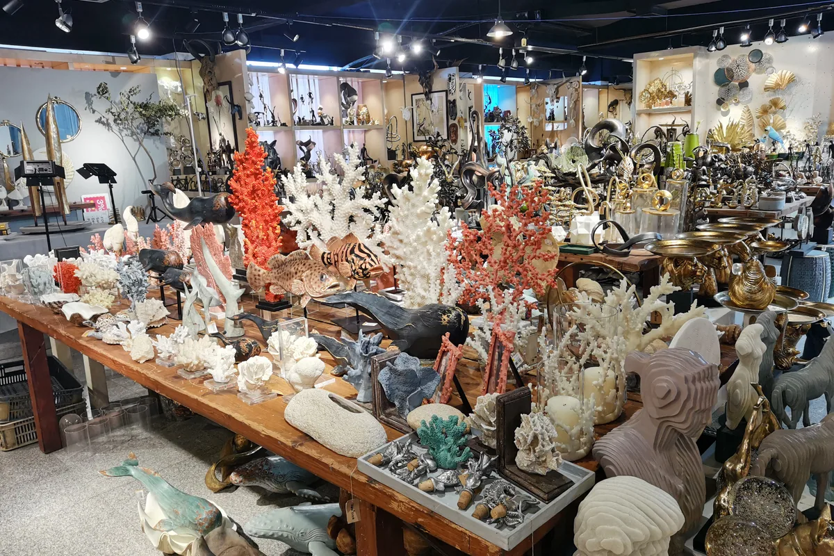 Showroom display of decorative sculpture arranged for wholesale buyers